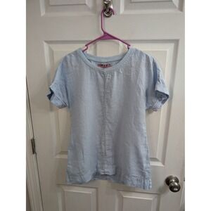 FLAX Linen Short Sleeve Top Womens Light Blue Cuffed Pullover - Size P (XS)